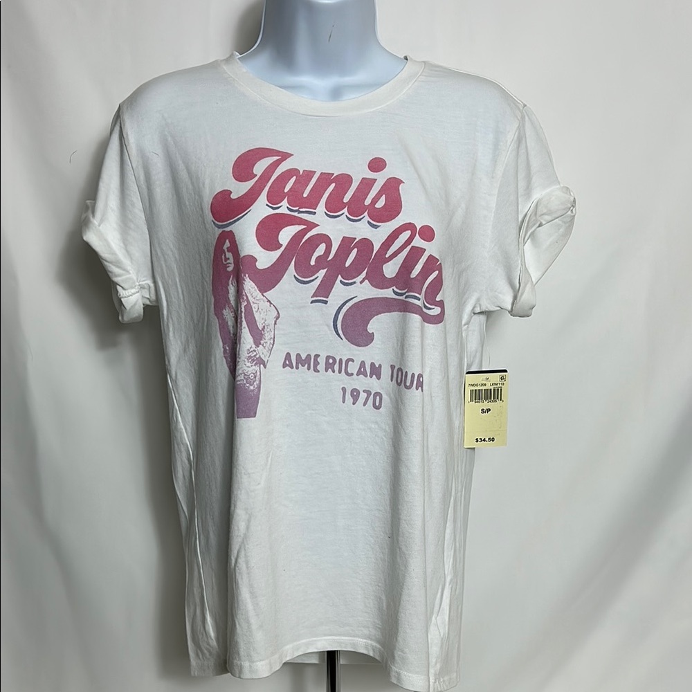 Lucky Brand Women’s Small Janis Joplin White Pink Graphic Short Sleeve T-Shirt